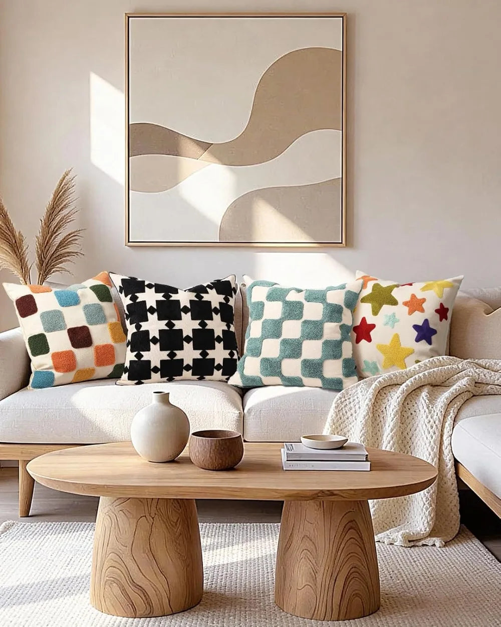 18x18 Embroidered Throw Pillow Cover - Modern Geometric, Colorful Checkered, Canvas with Zipper
