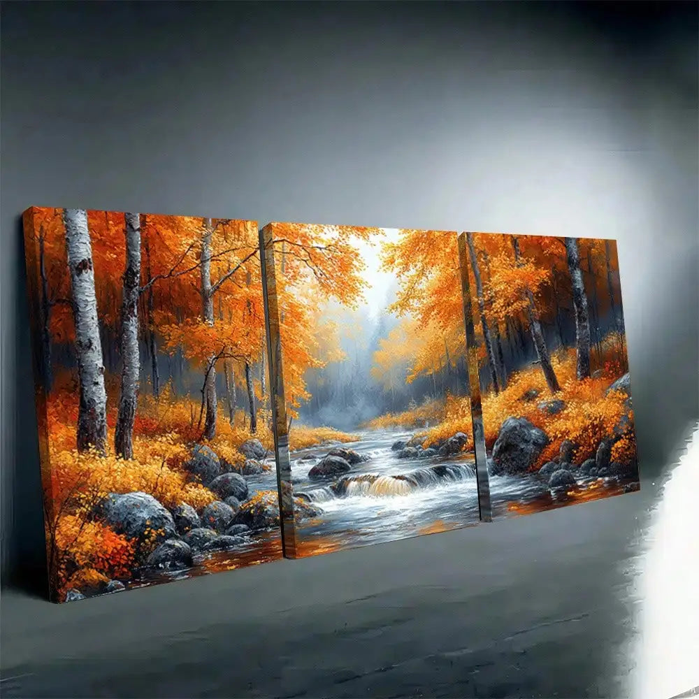 2D Flat, 3pcs Set Vibrant Autumn Forest Canvas Wall Art - Golden-Yellow, Orange, Red, Brown, Green & Golden Leaf Landscape With Misty Mountains, River & Rocks - Wrapped Canvas Prints With Wooden Frame