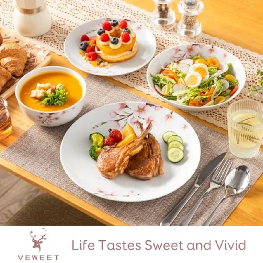 Dinnerware Sets for 6, 24 Porcelain Plates and Bowls Set with Pink Floral,