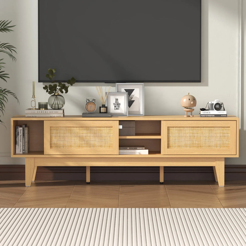 Boho TV Stand for 55 65 Inch TV, Rattan Entertainment Center with Shelves, Cabinets and Sliding Doors, cord holes