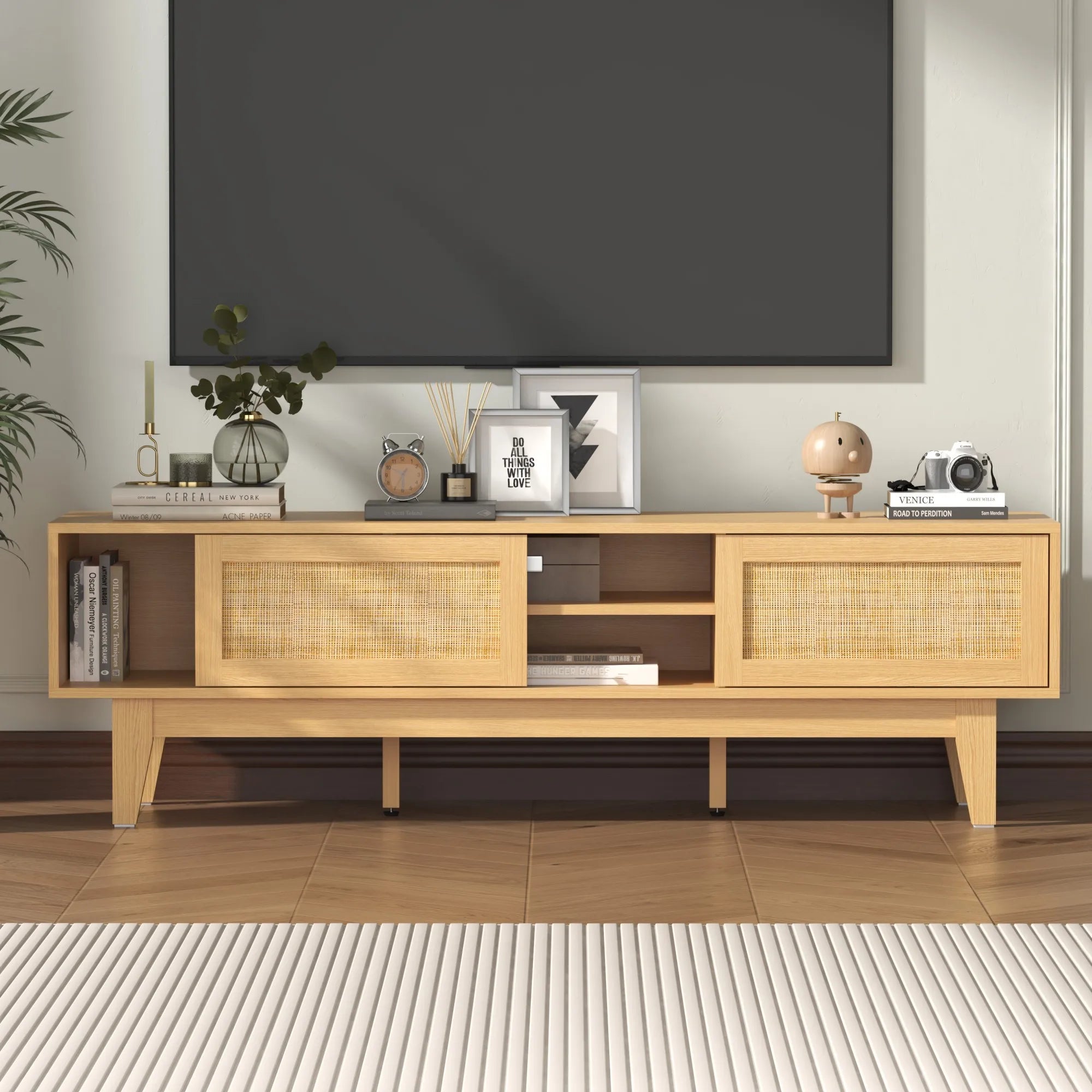 Boho TV Stand for 55 65 Inch TV, Rattan Entertainment Center with Shelves, Cabinets and Sliding Doors, cord holes
