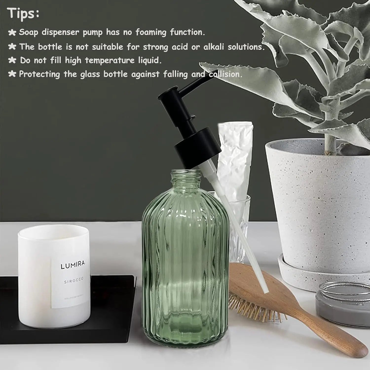 Green Glass Soap Dispenser Set with Black Pump, 13.5oz Refillable 2 pack