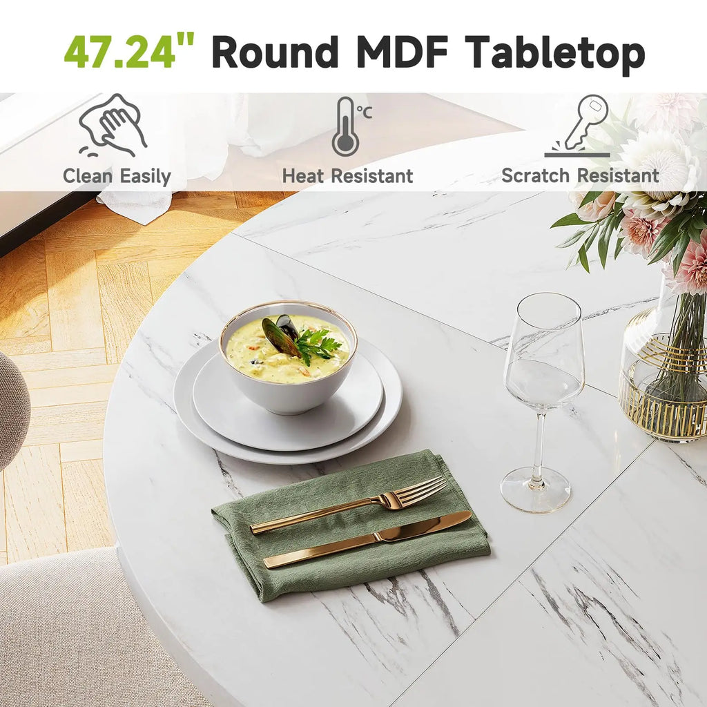 120cm Round Table - Wooden Faux Marble Top & Gold Base Design