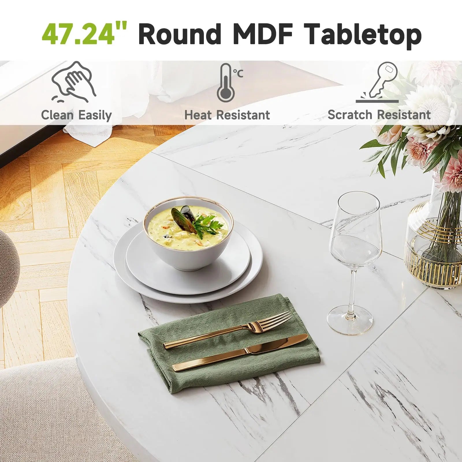 120cm Round Table - Wooden Faux Marble Top & Gold Base Design