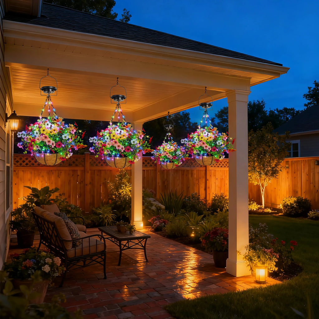 Solar-Powered Hanging Flower Basket Lights Outdoor DIY Copper Wire RGB Lights