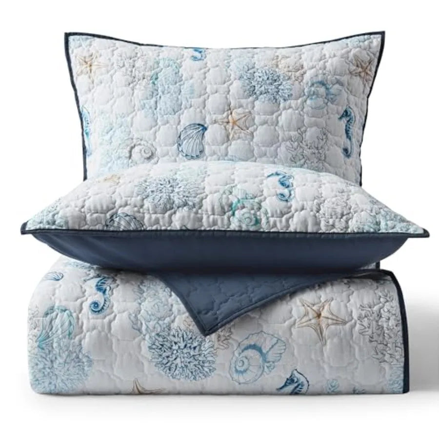 Cotton Coastal Quilt Set Shell Stitched Quilting Reversible with 2 Shams, Nautical Beach Lightweight
