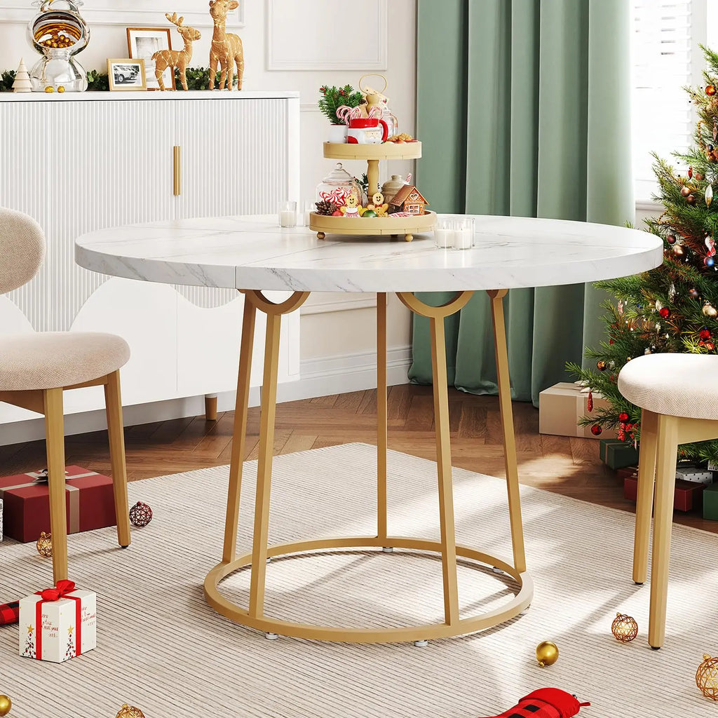 120cm Round Table - Wooden Faux Marble Top & Gold Base Design