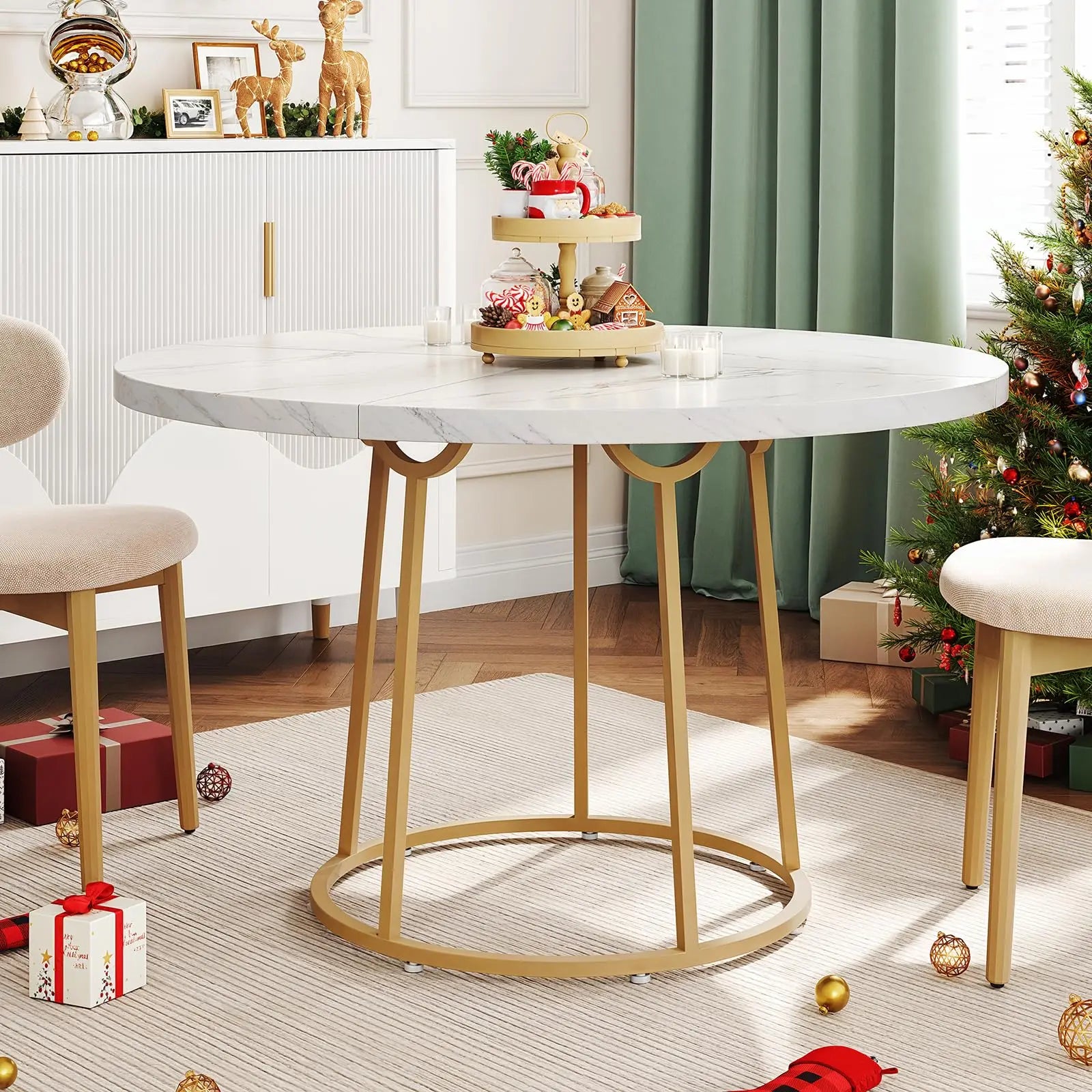 120cm Round Table - Wooden Faux Marble Top & Gold Base Design