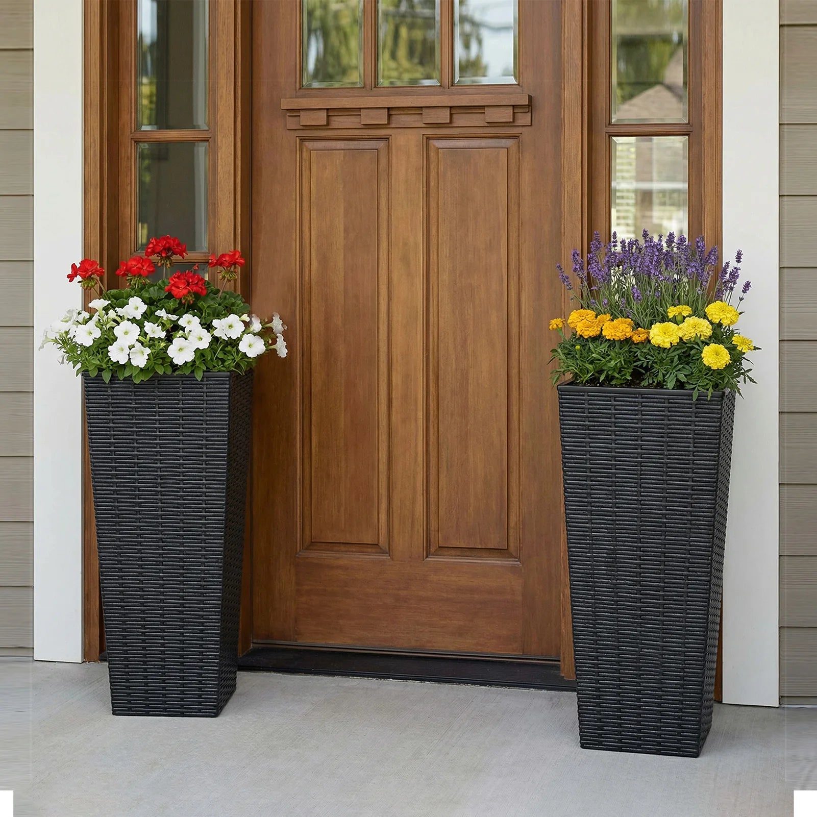 Resin Tall Plant Pots Large Tapered Flower Pots with Drainage Holes Removable Inner Pot Rattan