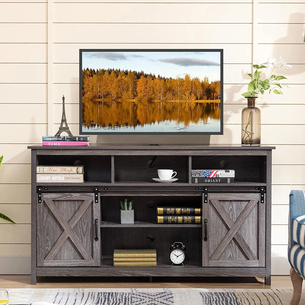 TV Stand Farmhouse Cabinet Rustic Sliding Barn Door Storage Cabinet with Power Outlet & LED Light