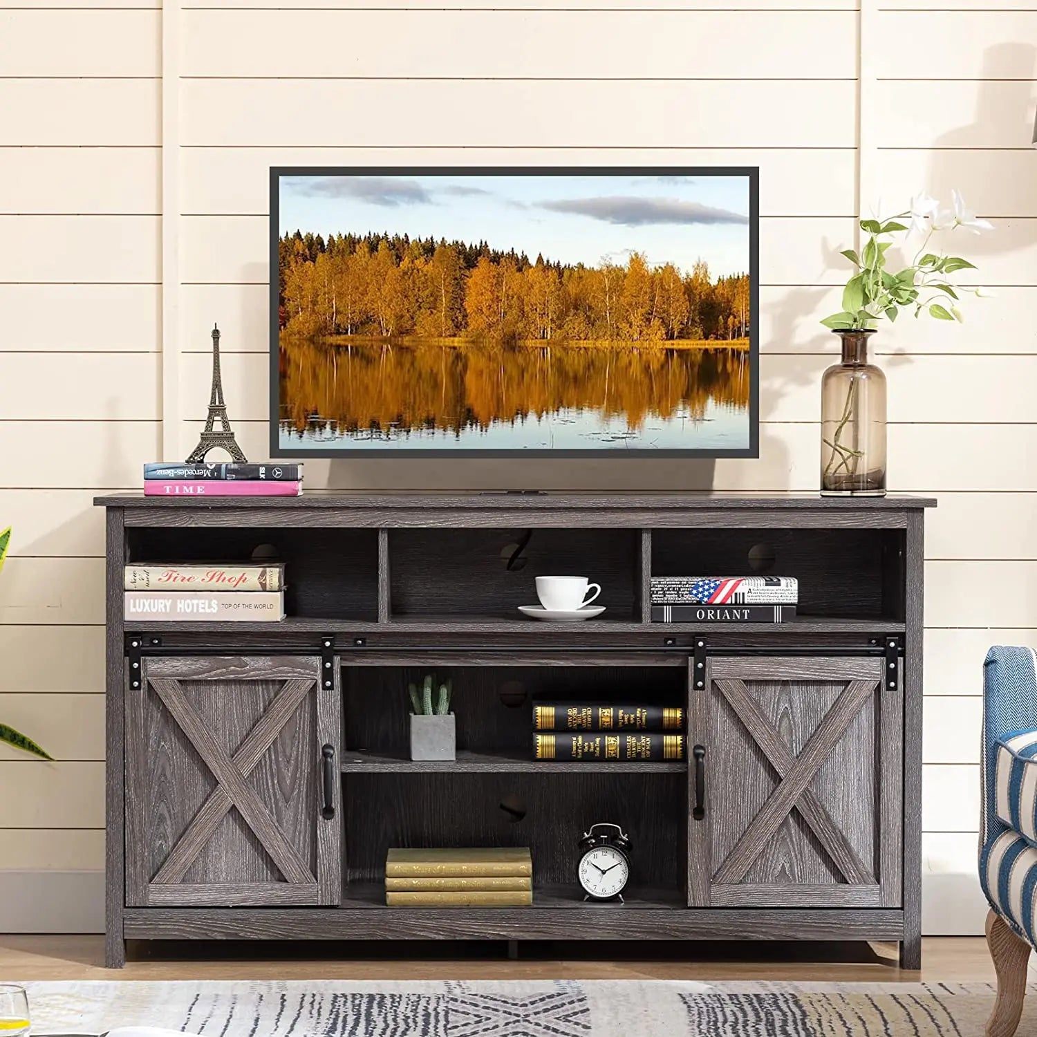 TV Stand Farmhouse Cabinet Rustic Sliding Barn Door Storage Cabinet with Power Outlet & LED Light