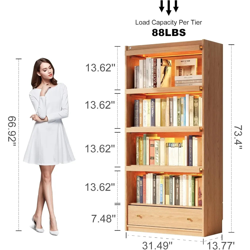 73" H Tall Solid Wood Bookcase with Flip-Up Tempered Glass Doors and 3 Color Led Lights,4 -Tier