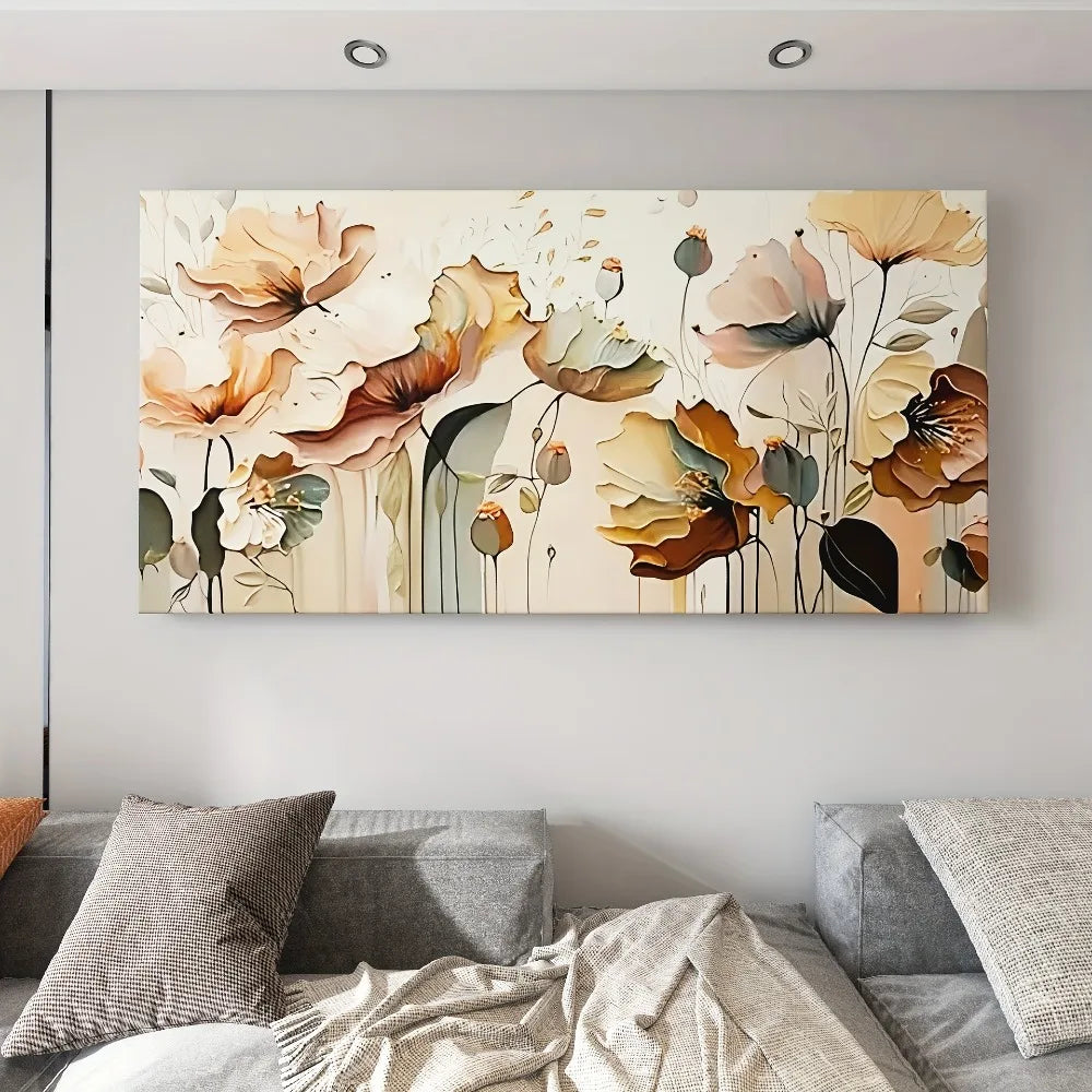 Abstract floral canvas art, pine frame 1.5  neutral palette