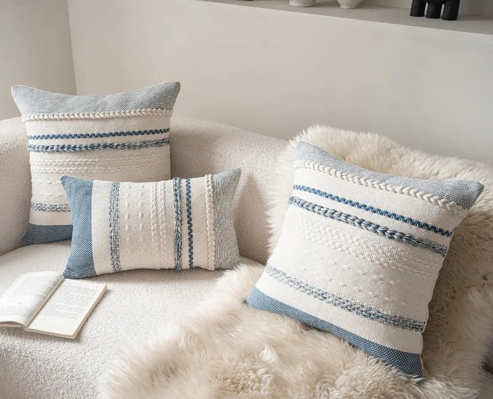 Blue Boho Throw Pillow Covers 18x18 Inch Set of 2, Textured Decorative Couch Cushion Cases for Farmhouse Home Decor