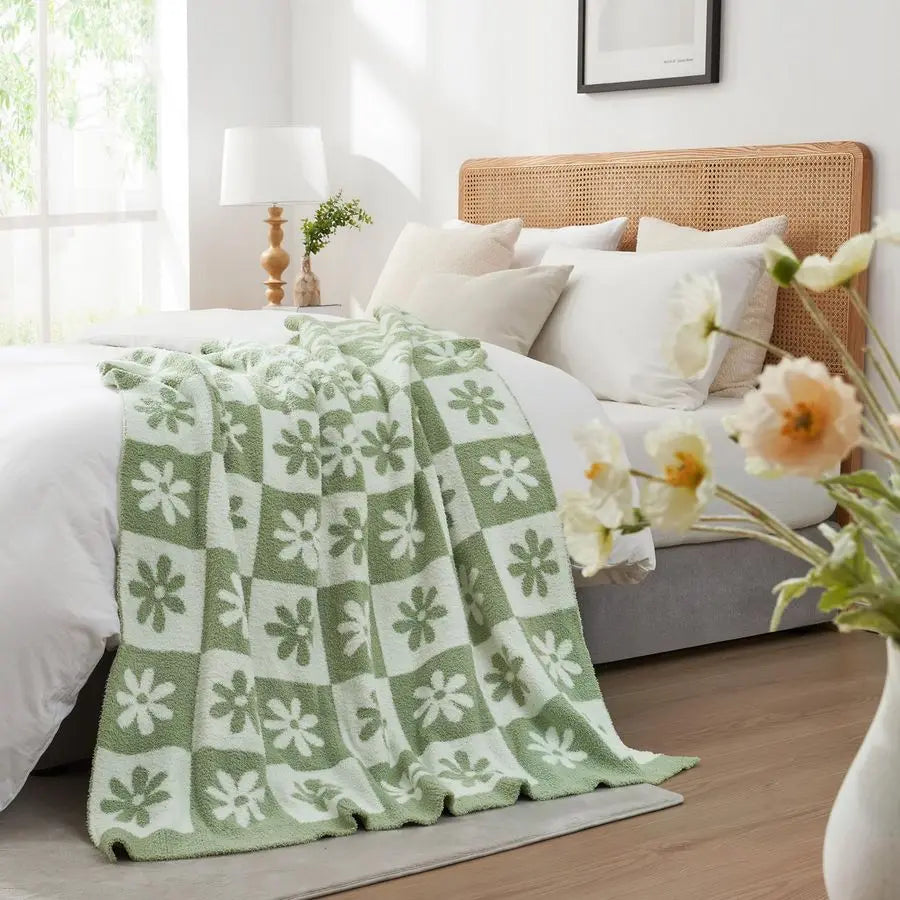 Checkered Blanket, Sage Green Flower Throw Blanket Microfiber