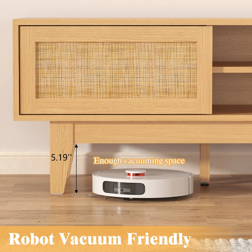 Boho TV Stand for 55 65 Inch TV, Rattan Entertainment Center with Shelves, Cabinets and Sliding Doors, cord holes
