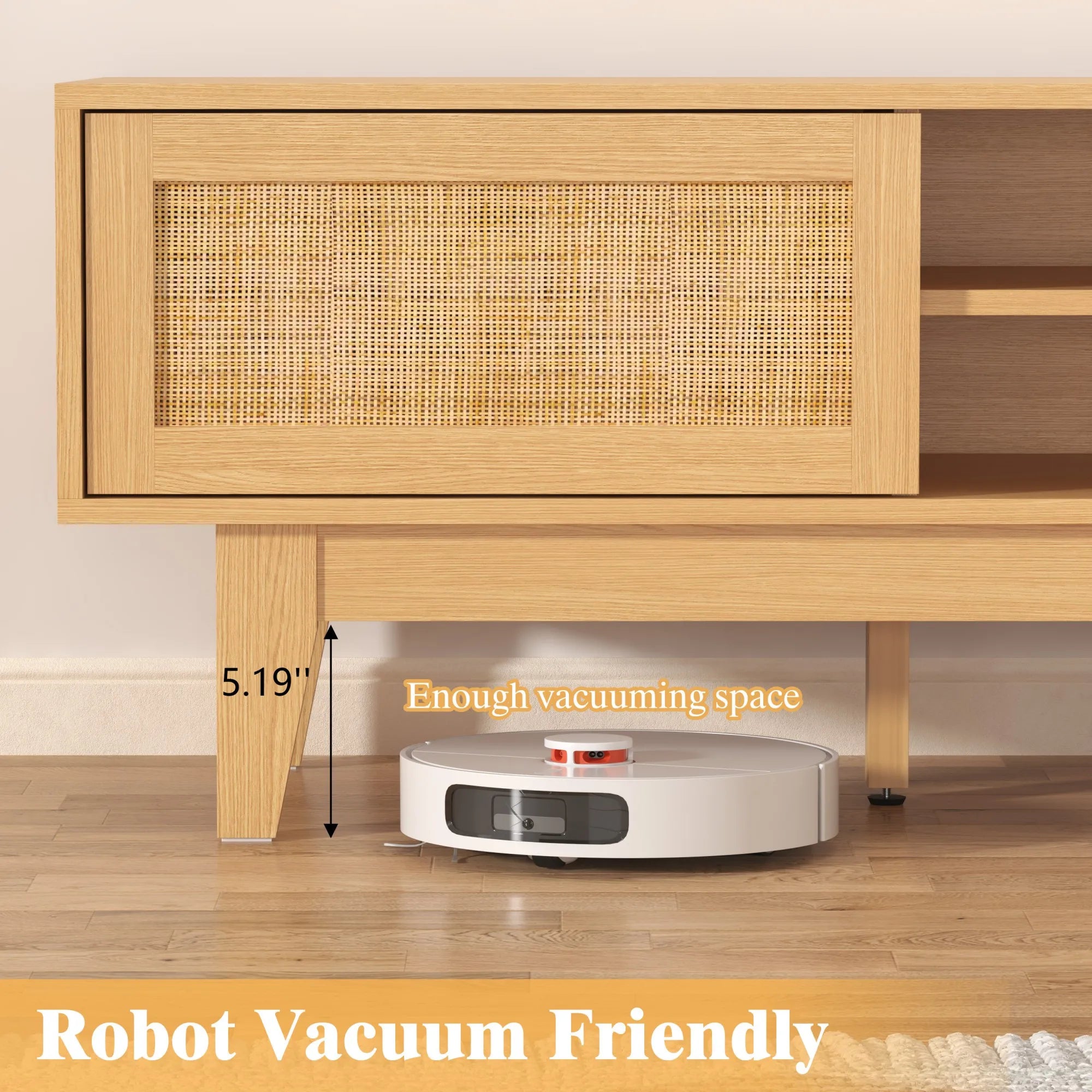 Boho TV Stand for 55 65 Inch TV, Rattan Entertainment Center with Shelves, Cabinets and Sliding Doors, cord holes