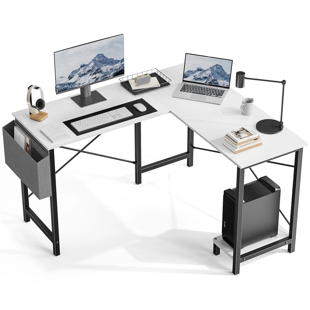 Corner 50 Inch Office Writing PC Wooden Table with CPU Storage Shelf & Side Bag Multi-use