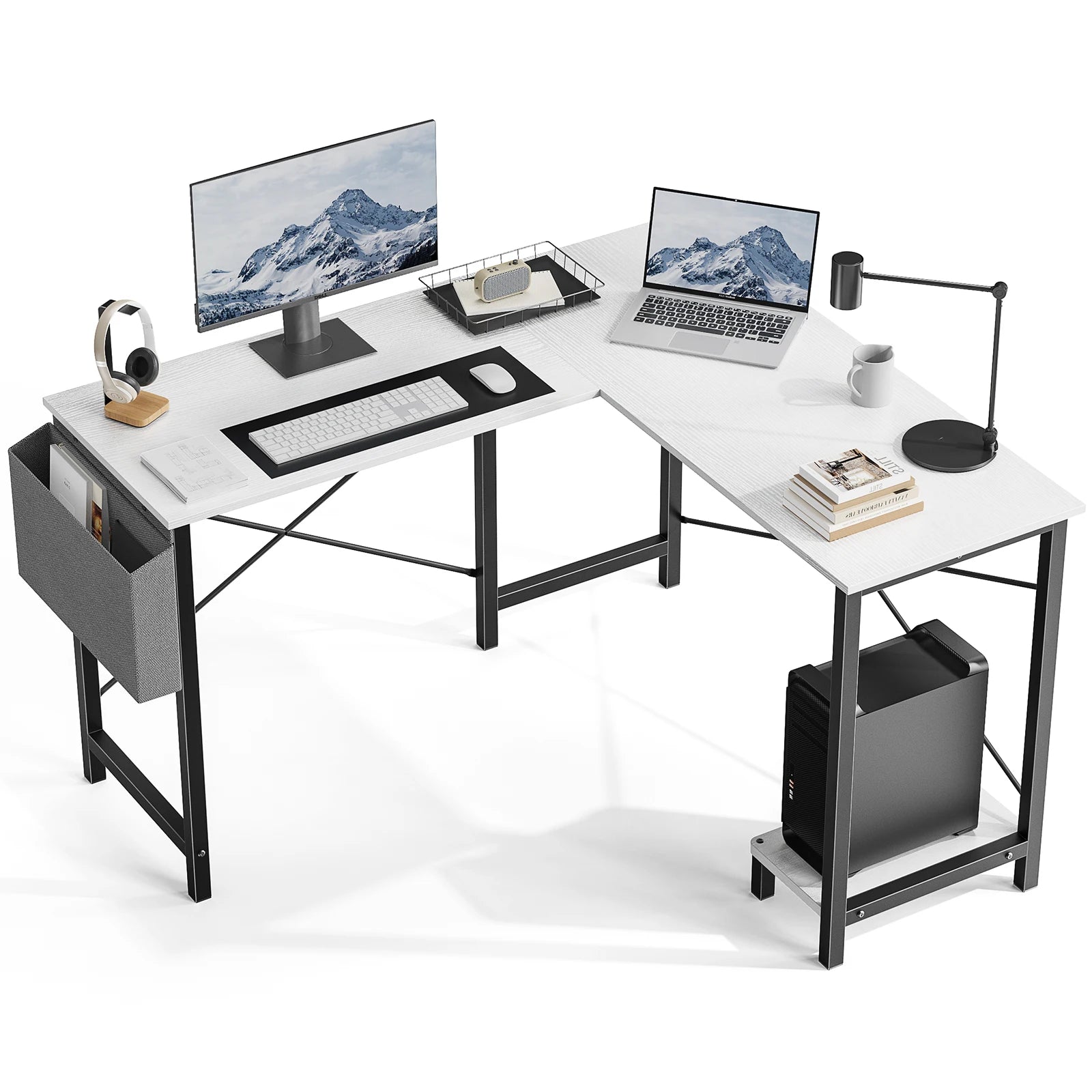 Corner 50 Inch Office Writing PC Wooden Table with CPU Storage Shelf & Side Bag Multi-use