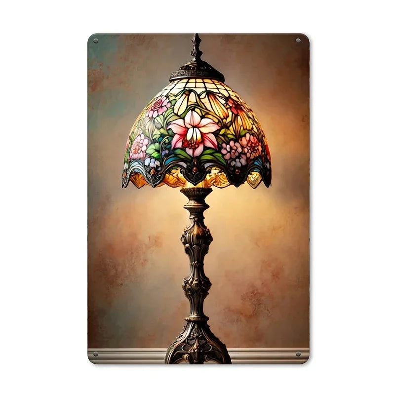 Elegant Vintage Floral Glass Table Lamp Metal Sign Warm Beige