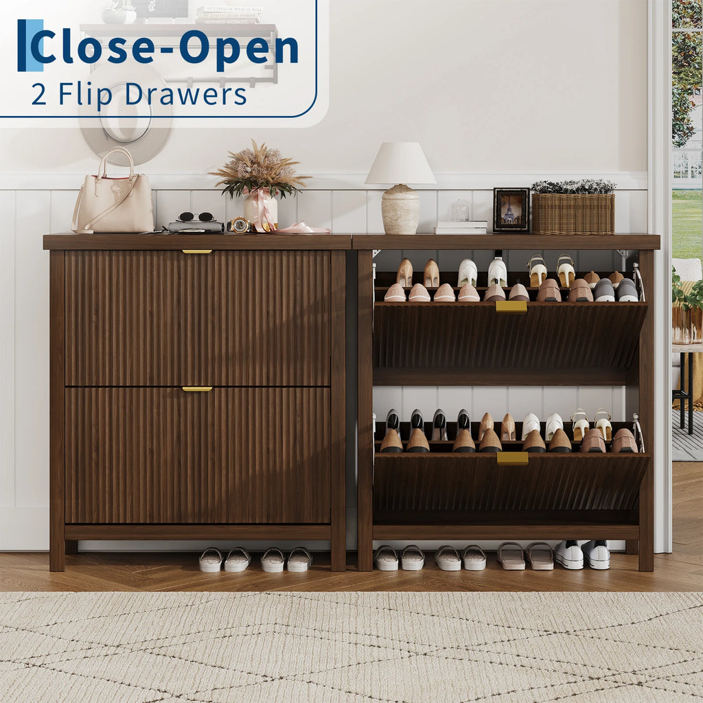 Fluted Shoe Cabinet with 2 Flip Drawers Natural Oak Hide Everyday Shoes in a Slim 9.5-Inch  Fluted Style
