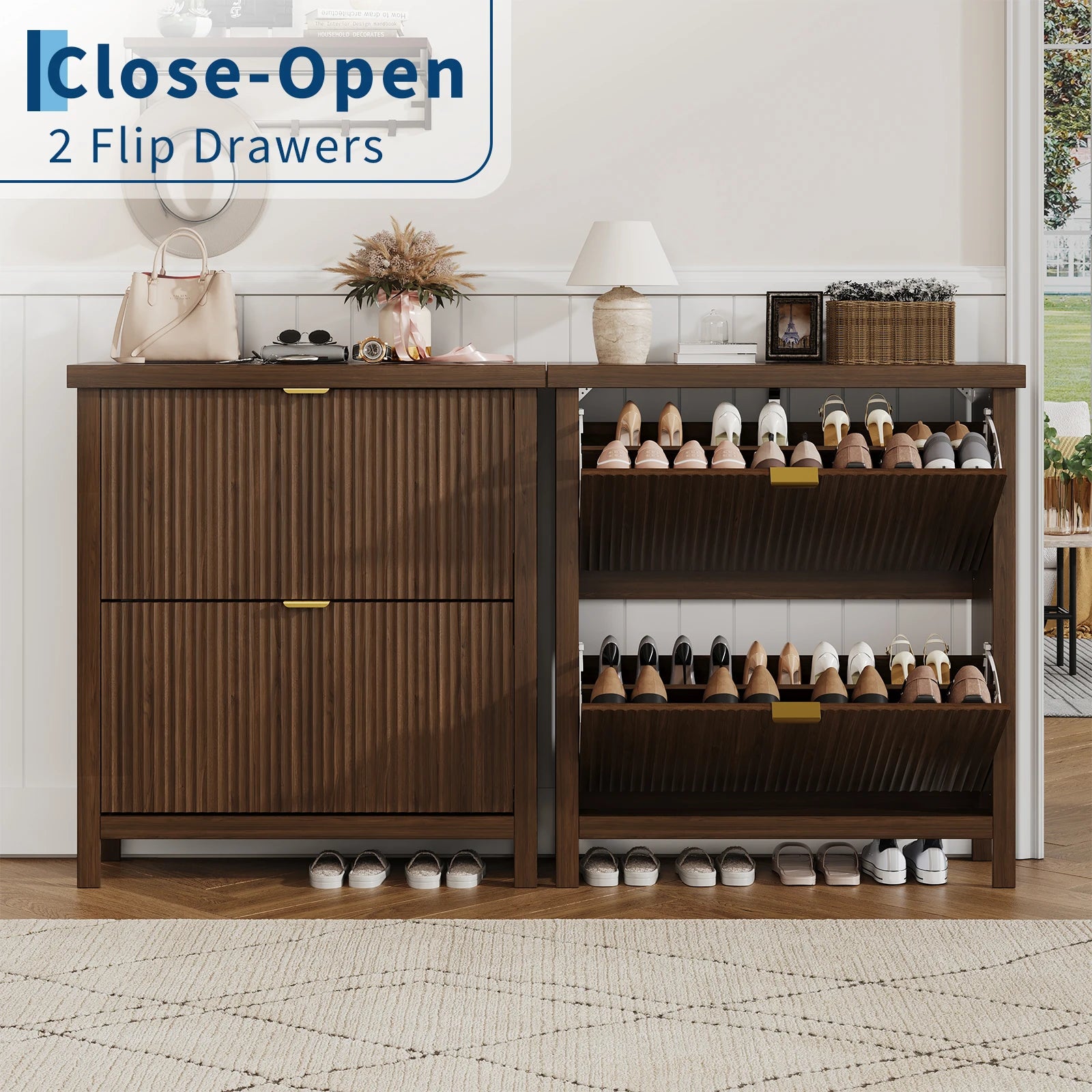 Fluted Shoe Cabinet with 2 Flip Drawers Natural Oak Hide Everyday Shoes in a Slim 9.5-Inch  Fluted Style