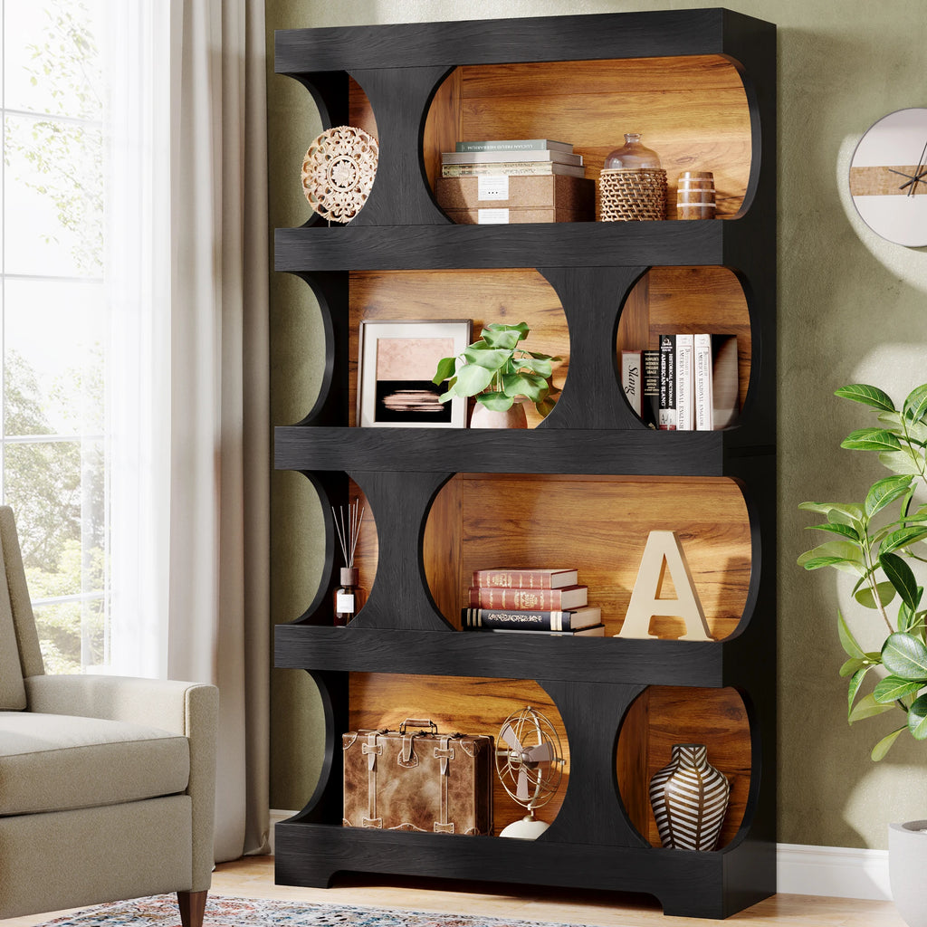 71" Tall 4 Tier S Shaped Bookcase Wood Decorative Storage Shelving, Modern Freestanding Display Shelves