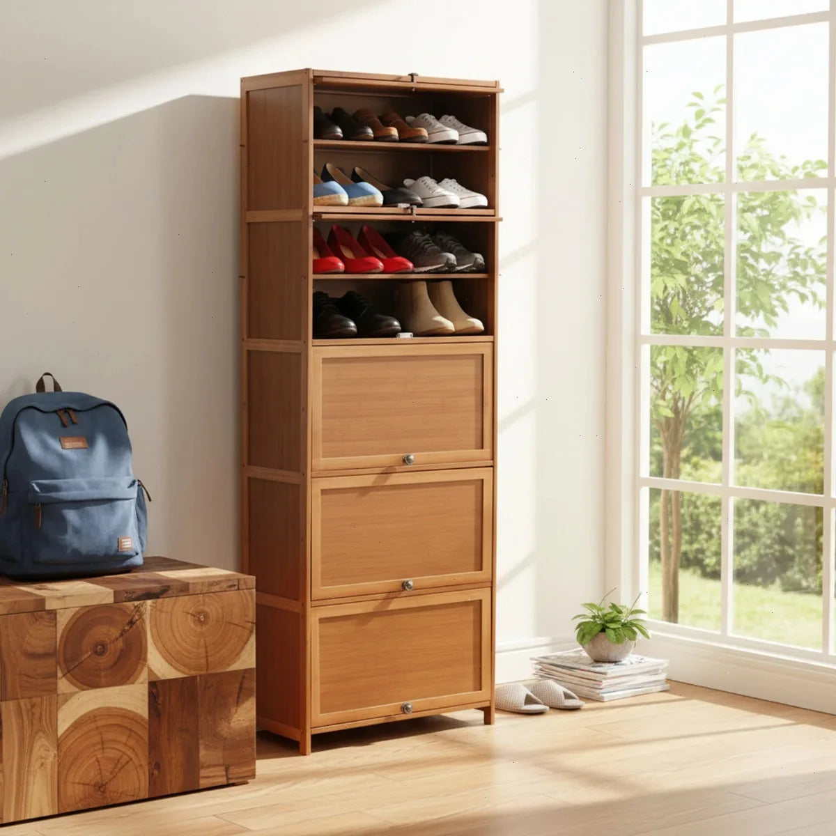 Shoe Cabinet, 11 Bamboo Tier Free Standing Organizer Shelf, Waterproof Storage,, Vintage Brown, Top Platform for Keys Bags Decor