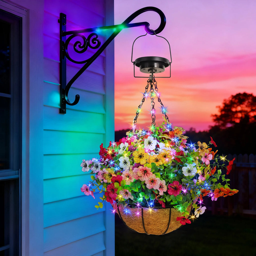Solar-Powered Hanging Flower Basket Lights Outdoor DIY Copper Wire RGB Lights