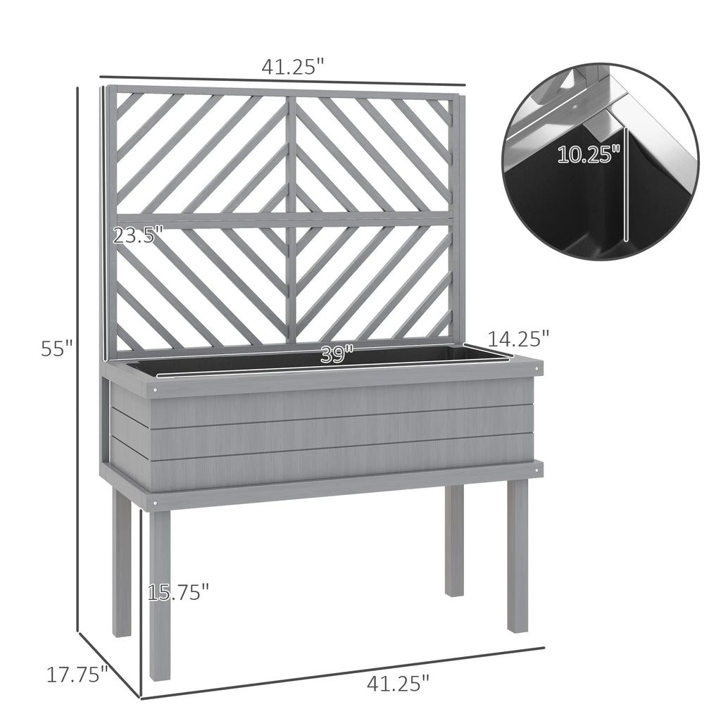 Raised Garden Bed with Trellis for Climbing Plants, Wooden Planter with Legs, Drainage Holes & Filter, Gray