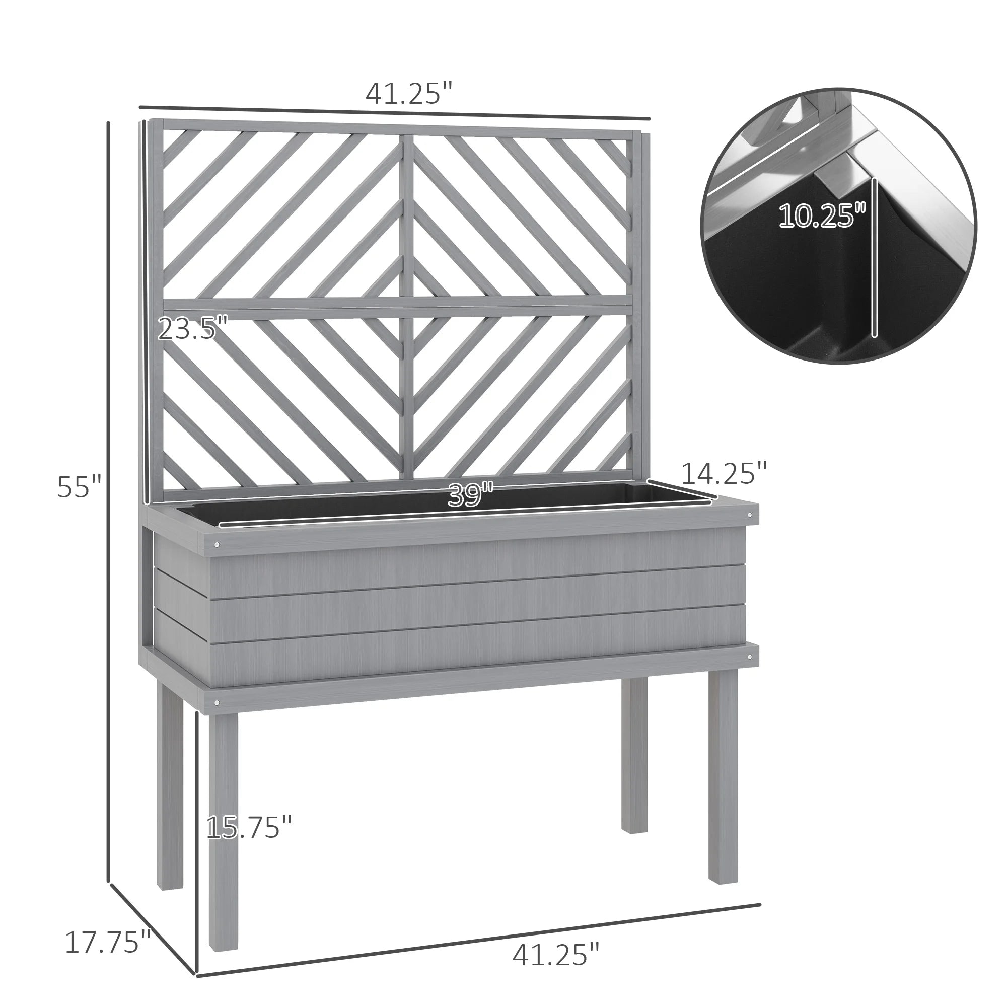 Raised Garden Bed with Trellis for Climbing Plants, Wooden Planter with Legs, Drainage Holes & Filter, Gray