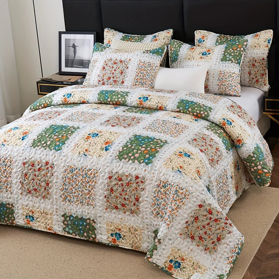 2/3pcs Quilt Set Queen King Twin Full Size Lightweight Floral Patchwork Comforter Bedding Set, Pillow Shams