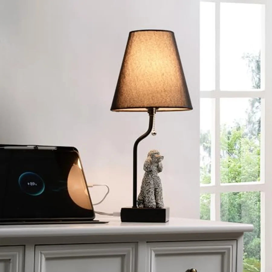 Portable Poodle Table Lamp with USB-C and USB-A Charging Ports, Black Fabric Shade and Dog Figurine Base