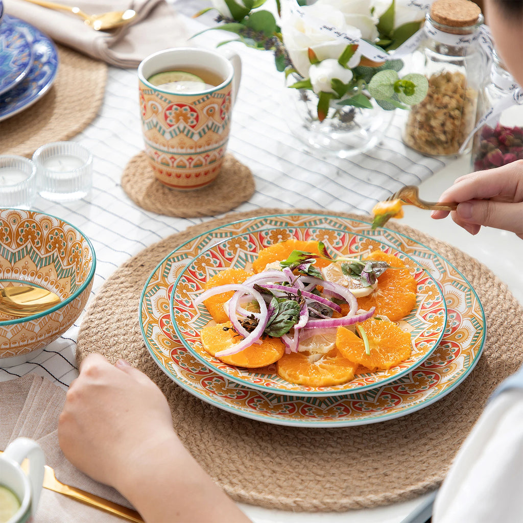 16/32/48-PCS Ceramic Plate Porcelain Dinnerware Set Bohemian Mandala Patterned with Dinner Plate,Dessert Plate,Bowl,Mug