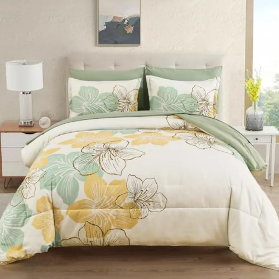Floral Comforter Set Size, 7 Pieces Bed in a Bag Floral Comforter and Sheet Set, Soft Microfiber