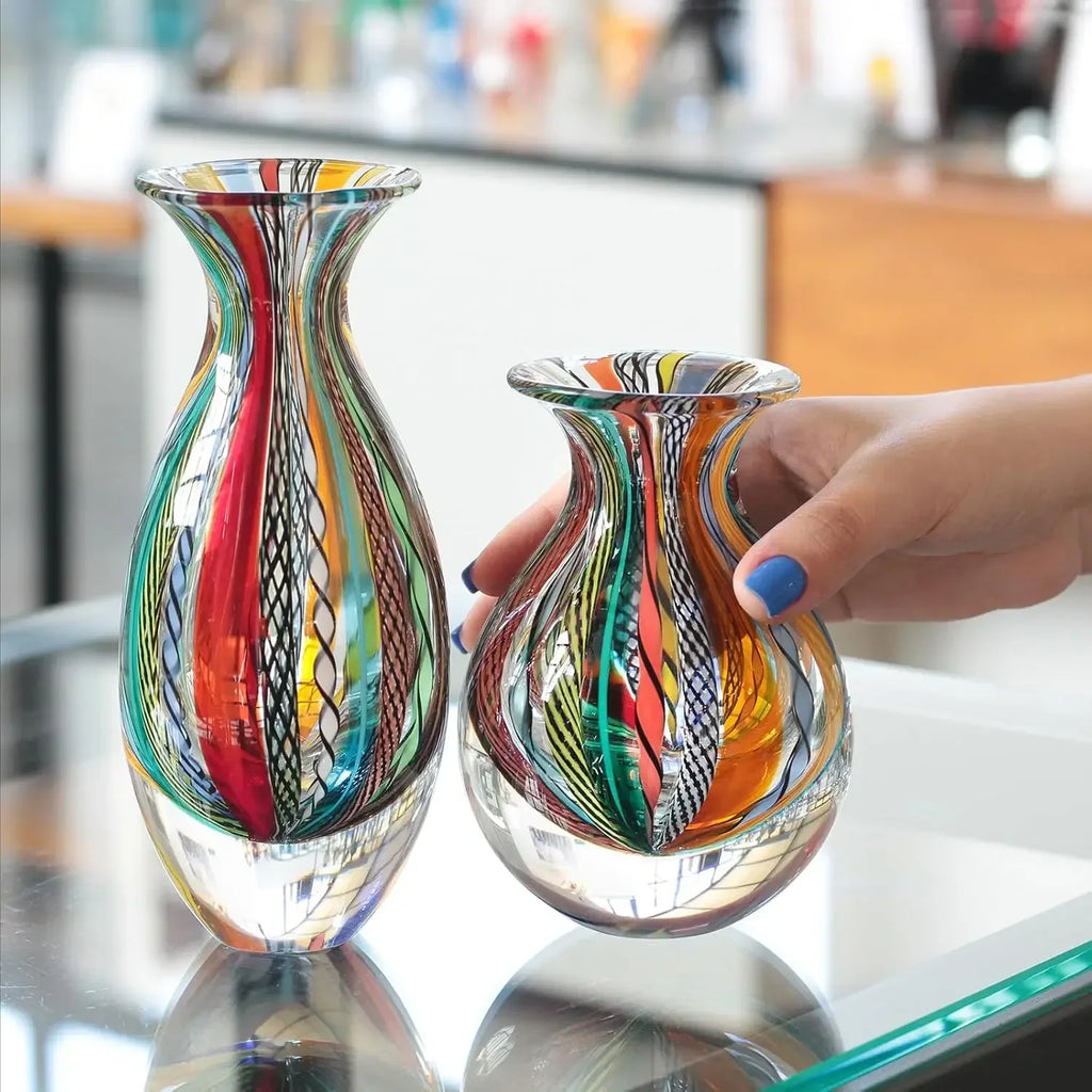 Pair Small Glass Vases Hand Blown Murano Style Art Glass Colored Canes Boho