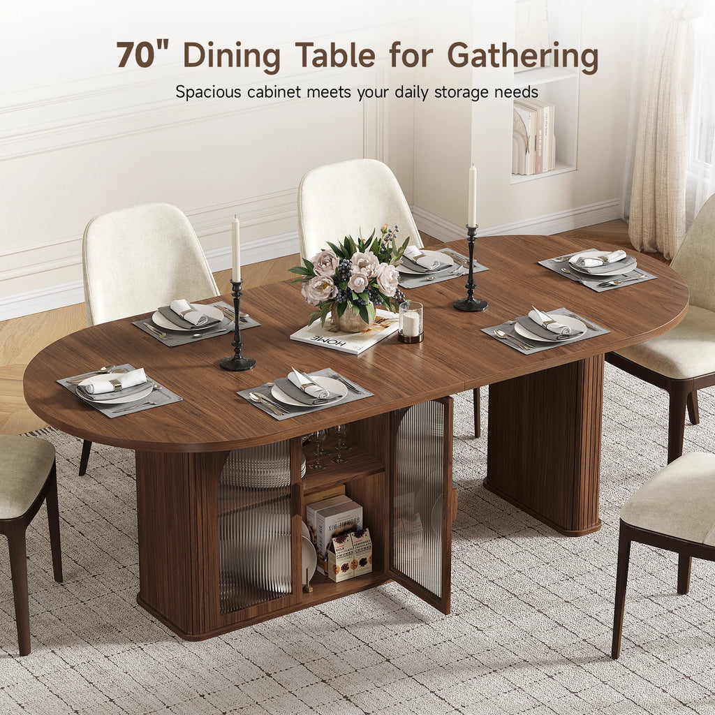 Walnut 70 Inch Oval Dining Table for 6-8 People,  with 2-Tier Storage Space, Wood Center LED Light, Dinner Table with Heavy Duty Legs