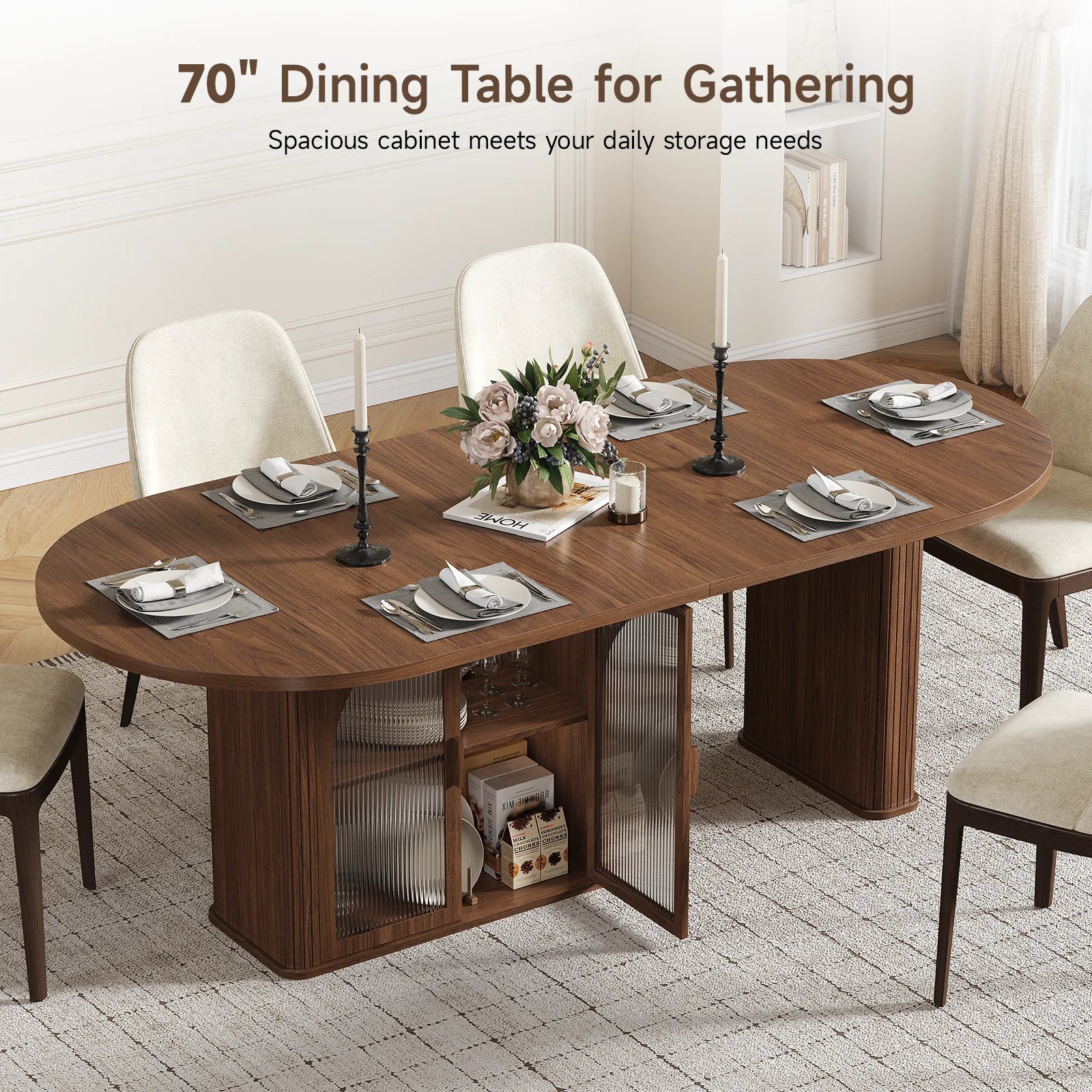 Walnut 70 Inch Oval Dining Table for 6-8 People,  with 2-Tier Storage Space, Wood Center LED Light, Dinner Table with Heavy Duty Legs