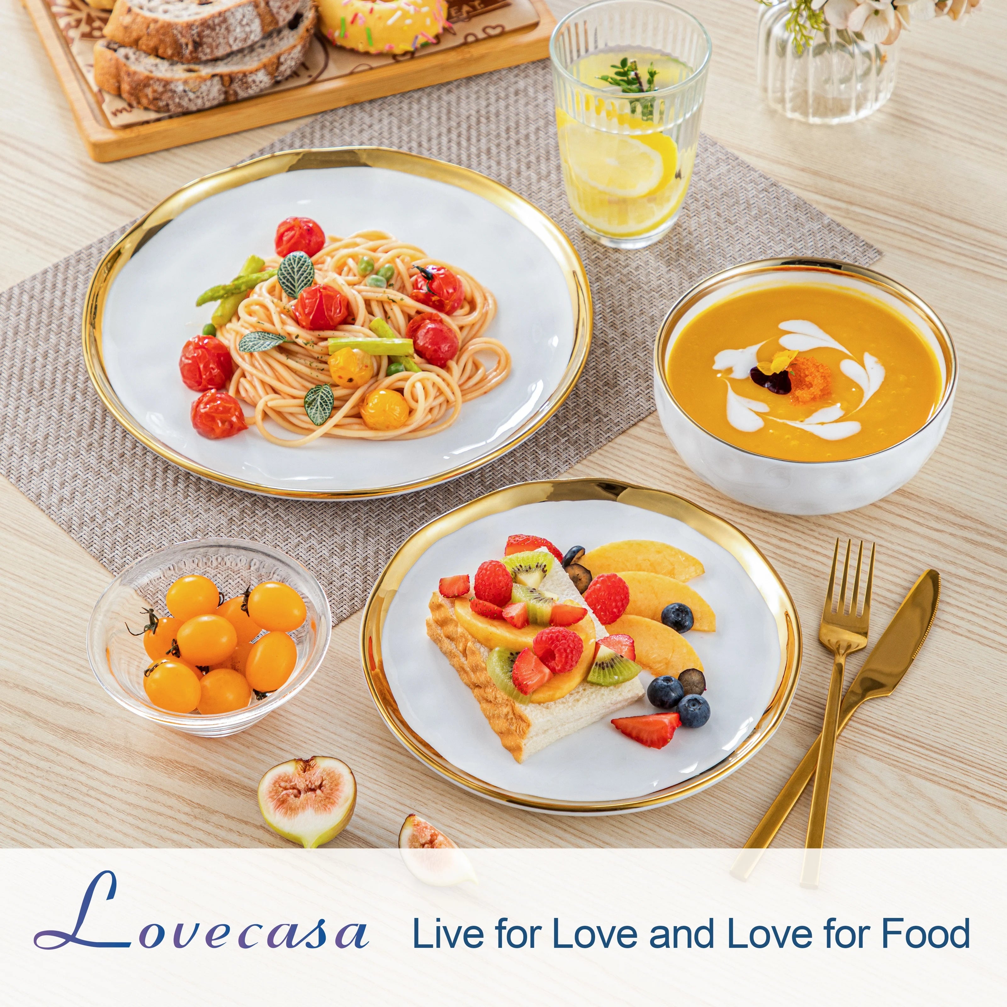 12/24 Piece Ceramic Porcelain White and Golden Rim Dinnerware Sets With 4/8 PCS Dinner Plate/Dessert/Cereal Bowl for 4