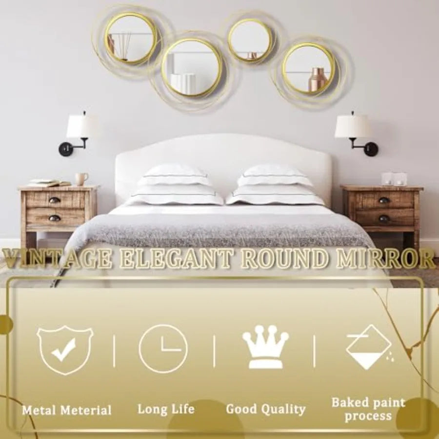 4 Pcs Decorative Wall Mirror Round Modern Circle Mounted Mirror Metal Wall Art Decor