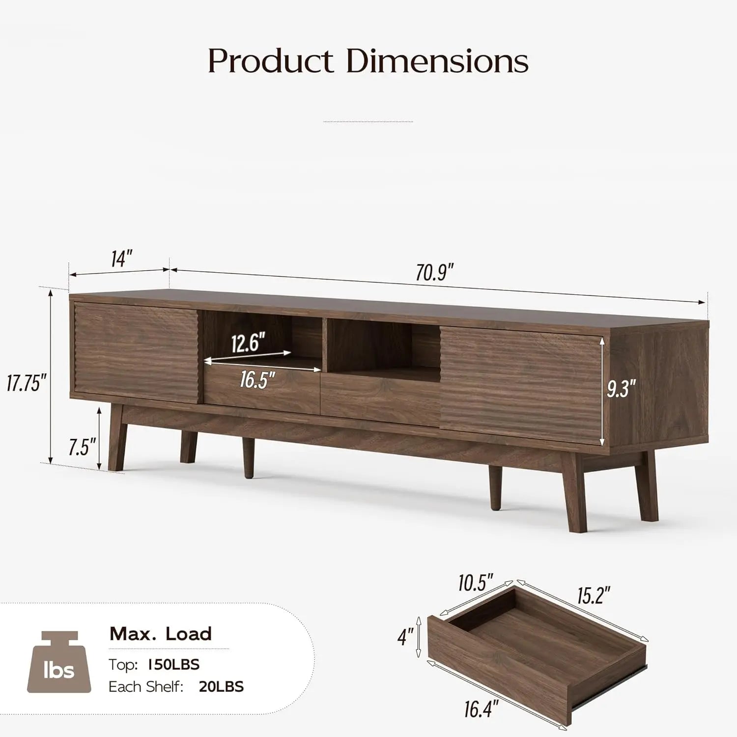 Mid Century  Walnut Console TV Stand 75 Inch Low Profile Fluted Doors Storage Drawers