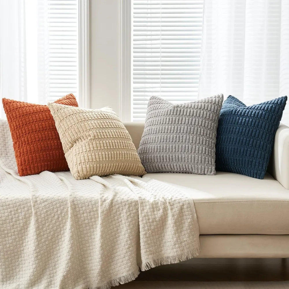 Boho Corduroy Throw Pillow Covers 18x18 Set of 4 Blue Orange Striped Decorative Cushion Cases