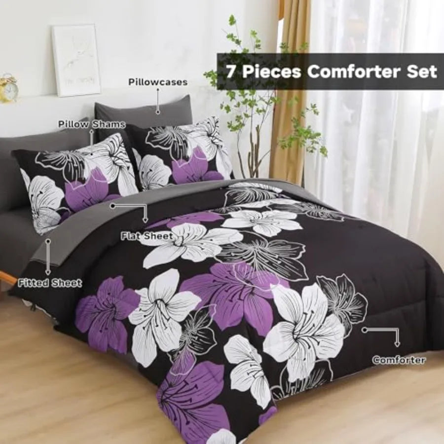 Floral Comforter Set Size, 7 Pieces Bed in a Bag Floral Comforter and Sheet Set, Soft Microfiber