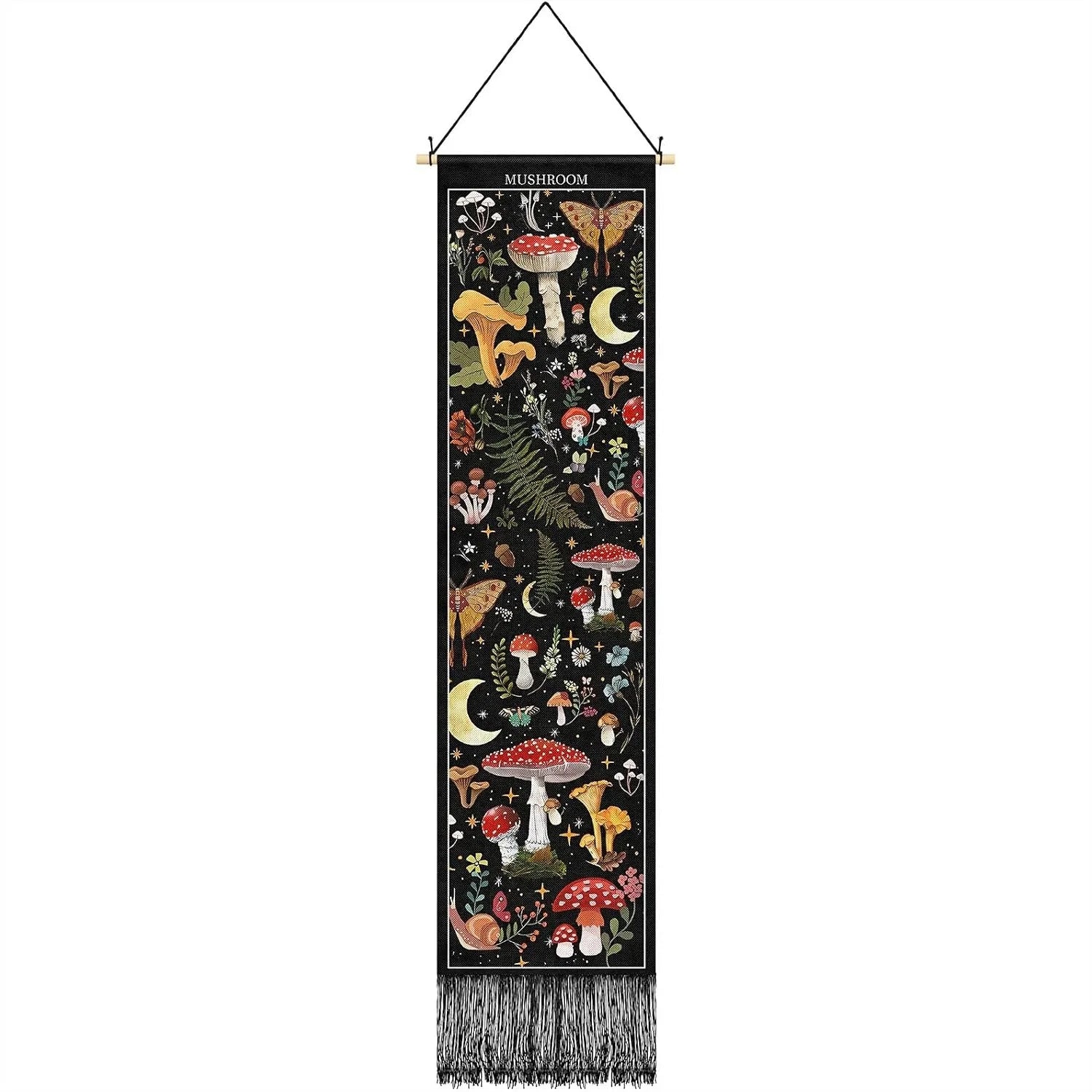 Vintage Tapestry 52x13 Inch Long Vertical Wall Hanging with Botanical Mushroom Tassel