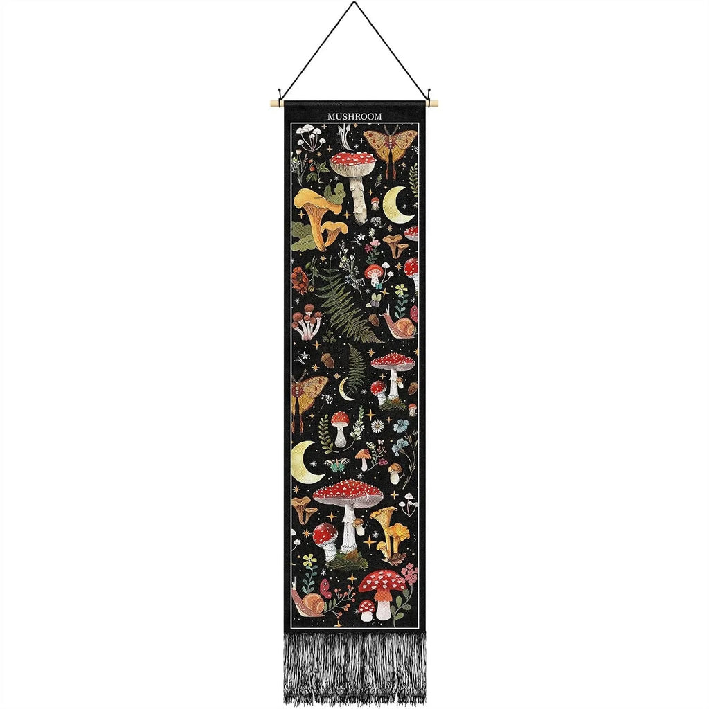 Vintage Tapestry 52x13 Inch Long Vertical Wall Hanging with Botanical Mushroom Tassel