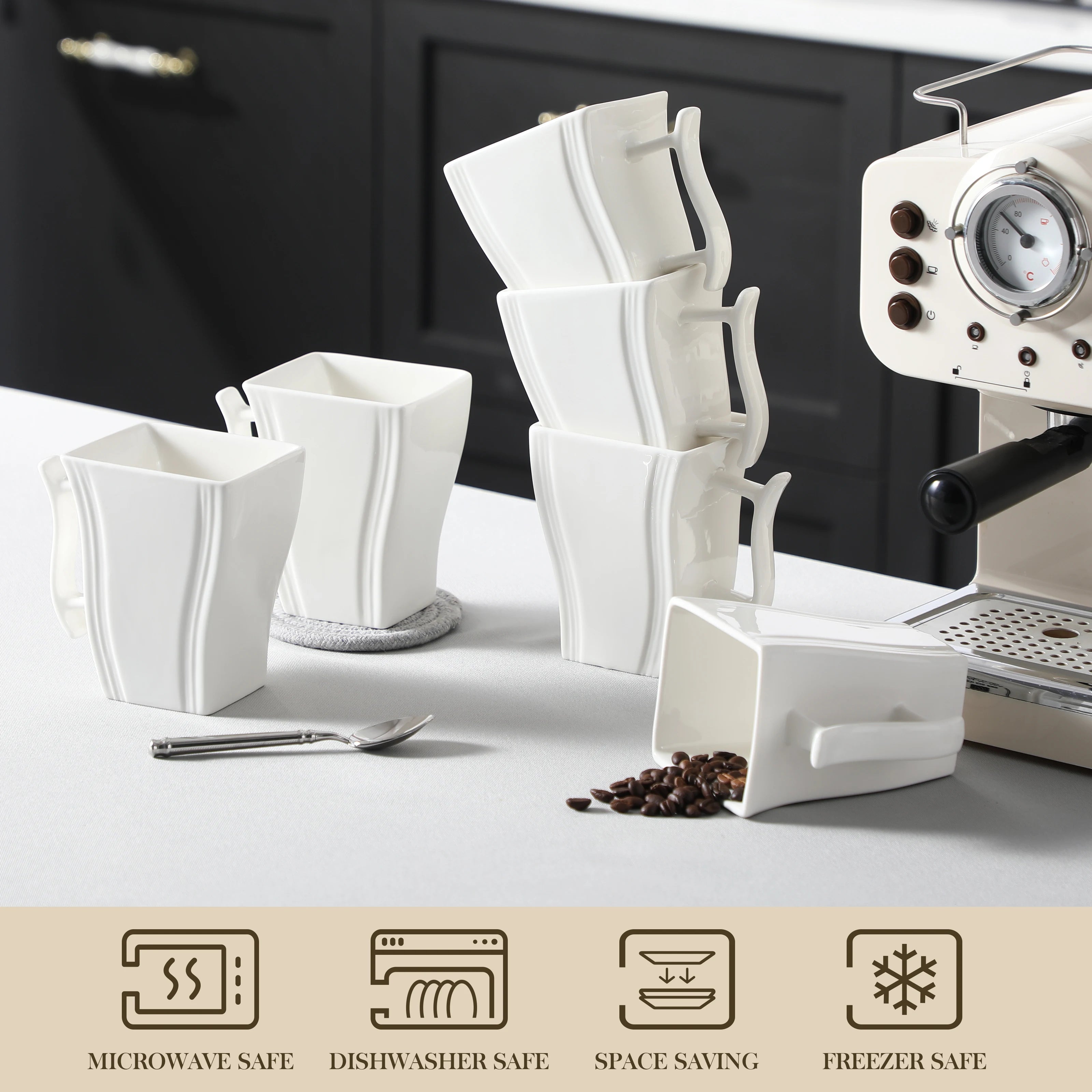 6 Piece White and Marble Coffee Service Set Cream White Porcelain Square Coffee Cups 5.5 Inch 500ML