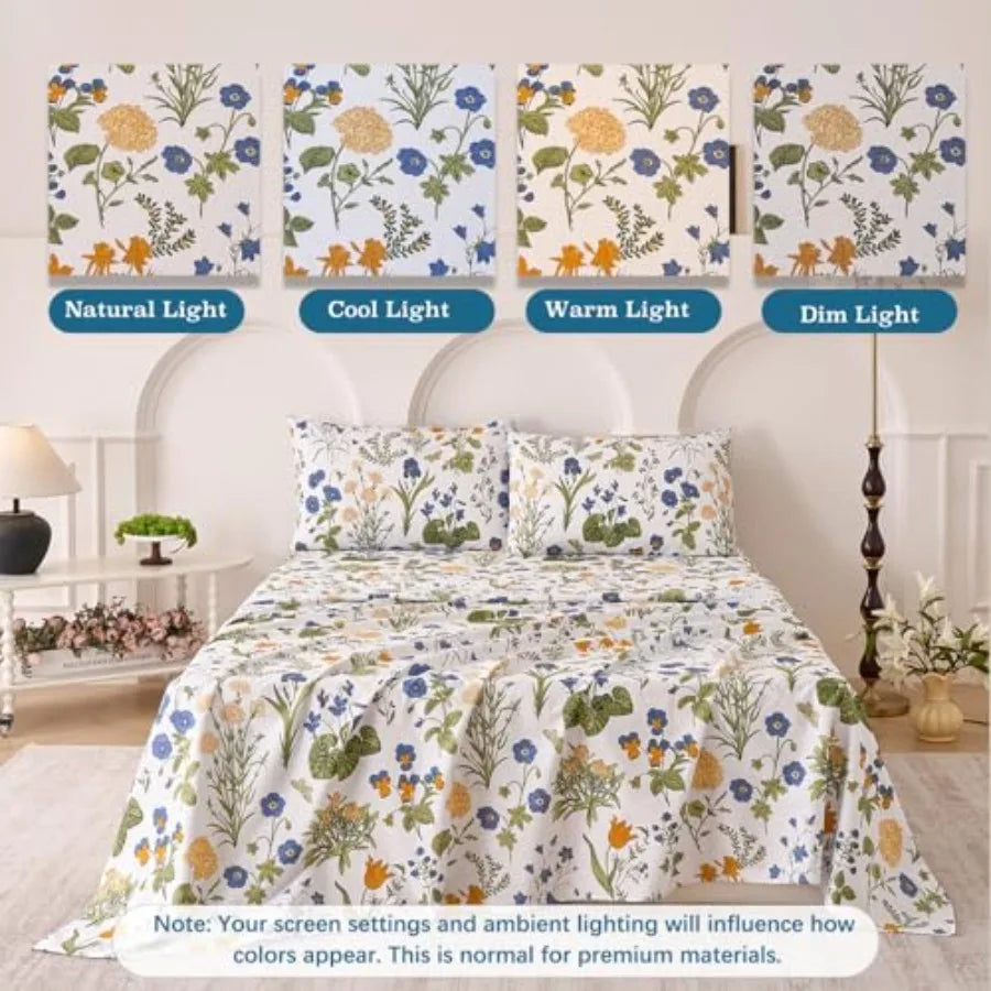 Yellow/blue Floral Bed Sheets Set Size 100% Percale Cotton