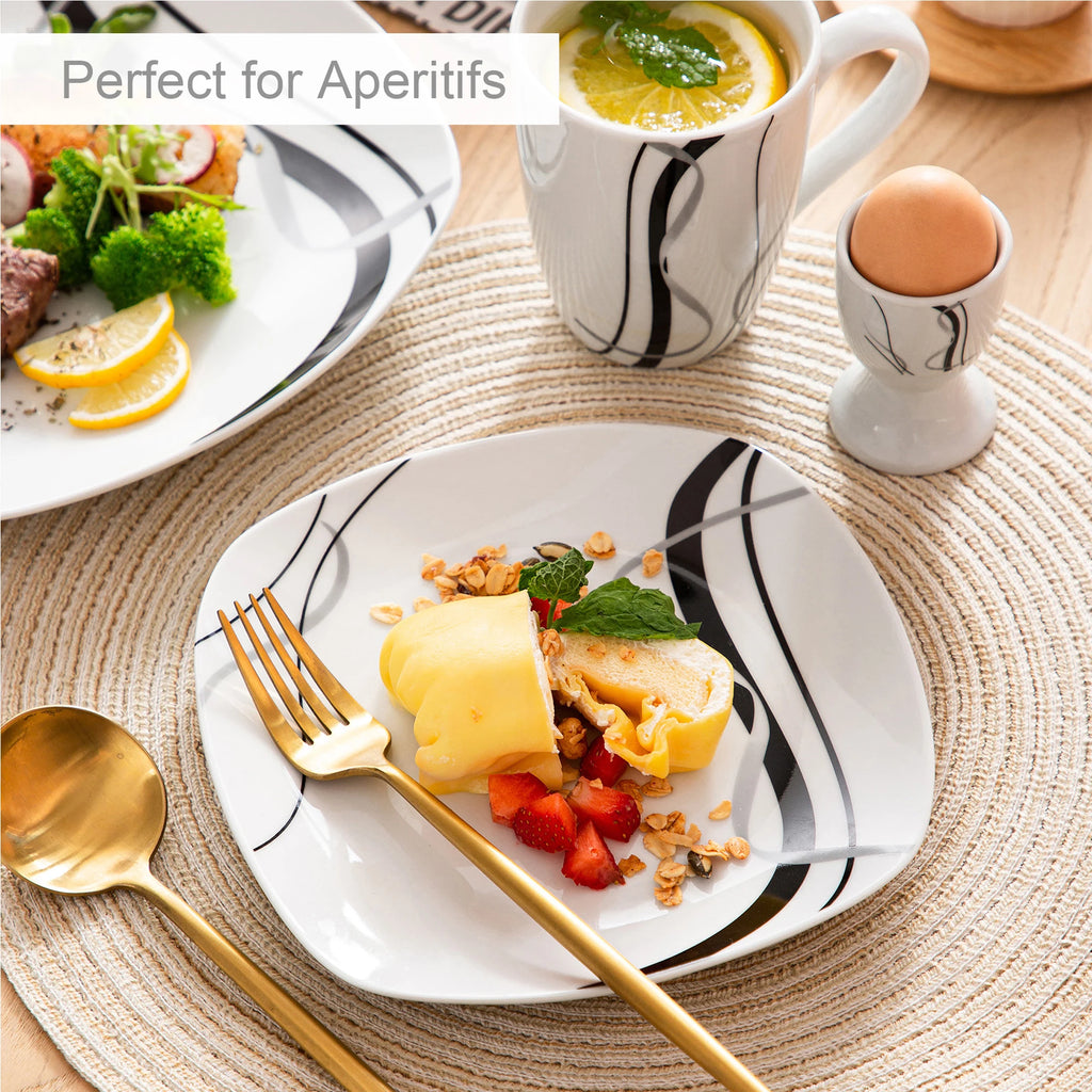 20/40 Piece Black Stripe Porcelain Dinner Kitchen Plate Combi-Set with Egg Cup/Mug/Bowl/Dessert Plate/Dinner Plate
