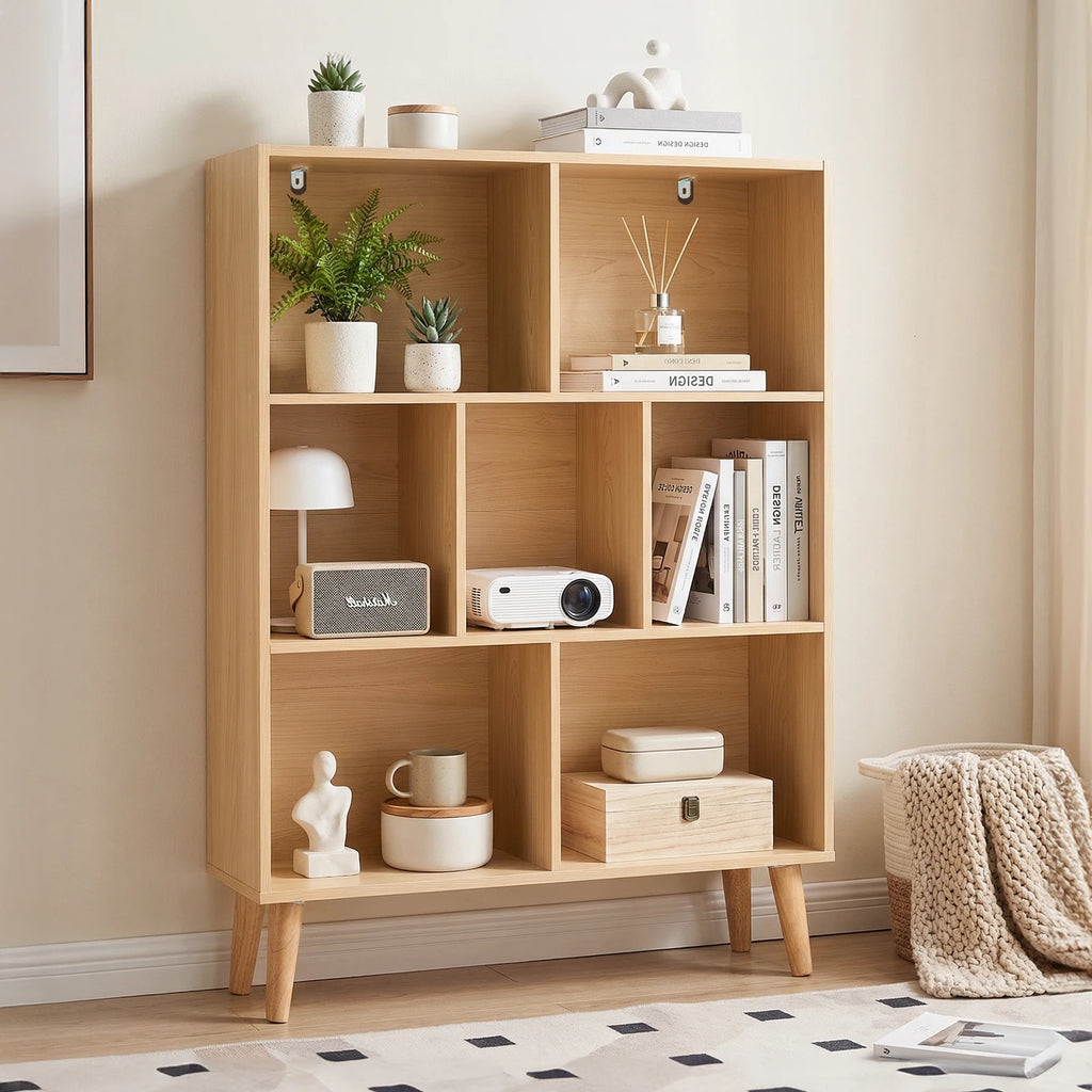 3 Tier Bookshelf Wooden 7 Cube Storage Organizer Display Bookcase Open Standing Shelf with Legs Graduated Shelves for Home