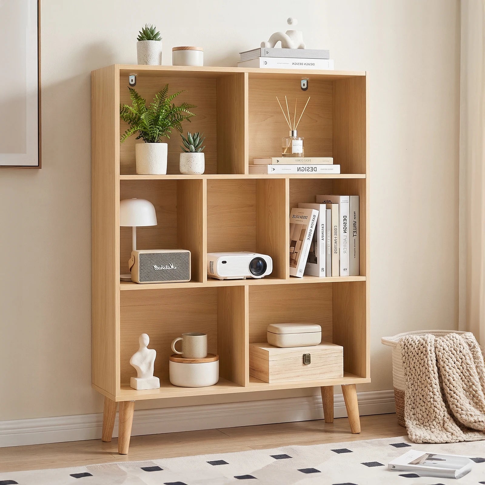 3 Tier Bookshelf Wooden 7 Cube Storage Organizer Display Bookcase Open Standing Shelf with Legs Graduated Shelves for Home